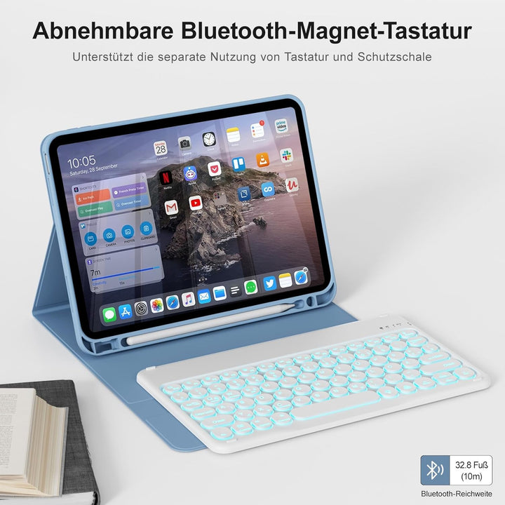 Hülle mit Tastatur für iPad A16 11/10 Generation (2025/2022, 11/10.9 Zoll), 7 Farben Beleuchtete Abn