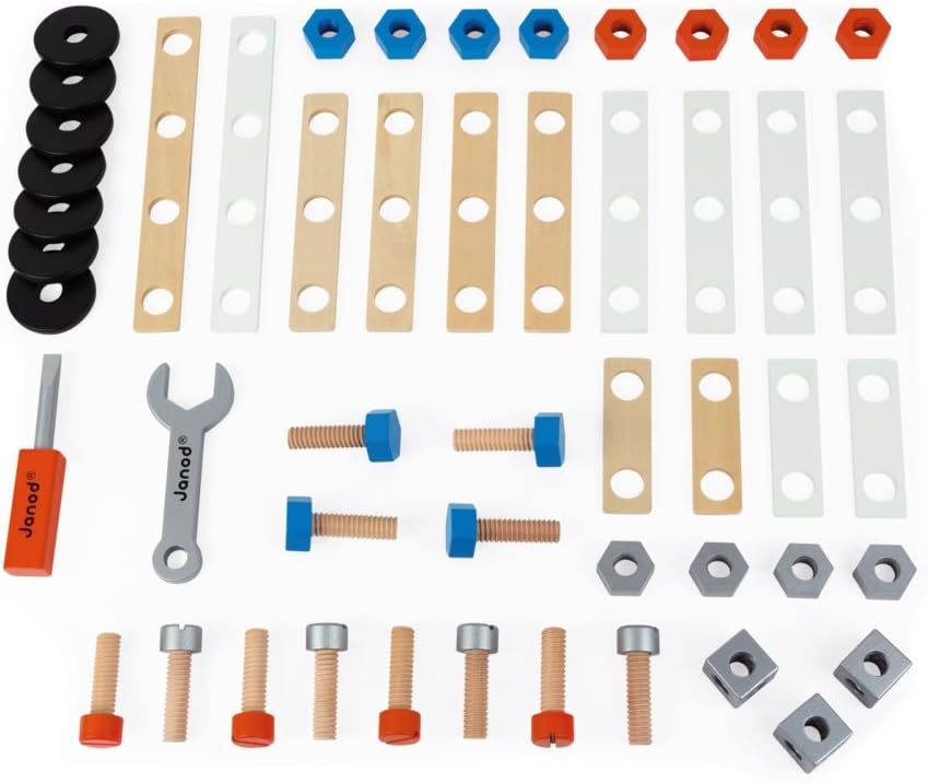 Janod - Brico'Kids Eimer mit 50 Teilen, Holz-Konstruktionsspiel und Spielzeugnachbildung, mit 5 Mode