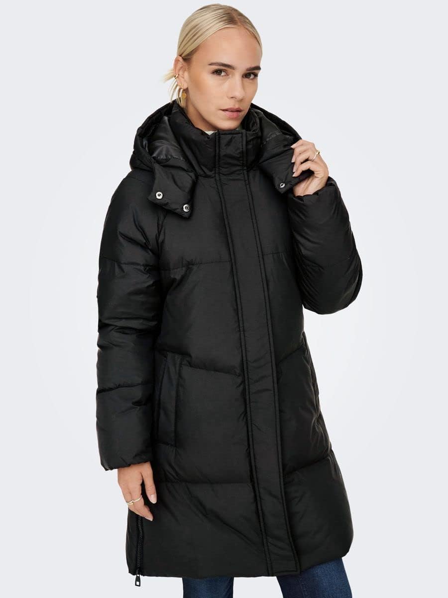 ONLY Damen Mantel ONLALICIA DOWN HOOD COAT OTW XS Schwarz, XS Schwarz
