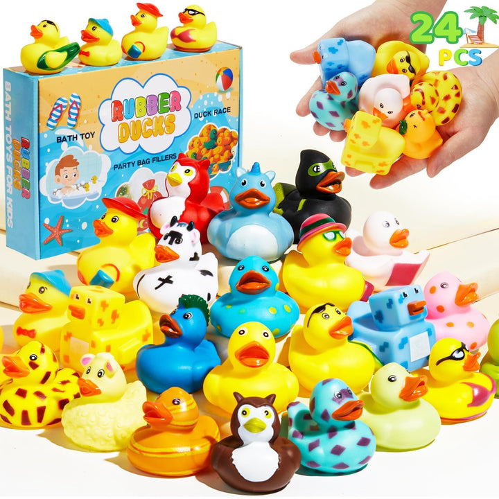 SCIONE 24 Stück Badeenten – Niedliches Gummi-Enten Set für Baby Shower, Geburtstag &amp; Poolparty | Was
