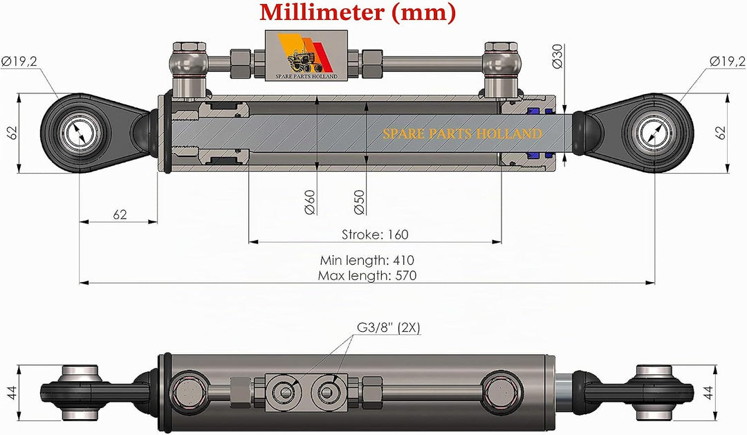 Hydraulischer Oberlenker Kat. 1-1 (410-570 mm) mit Sperrblock und Schläuchen