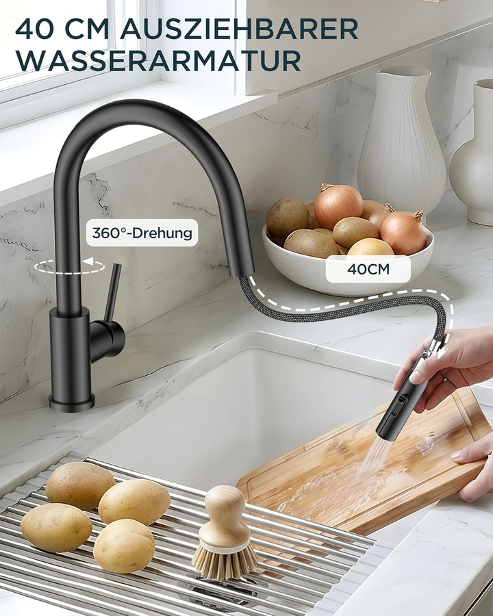 FORIOUS Wasserhahn Küche, Mischbatterie Küche mit Ausziehbar, Hochgebogene Küchenarmatur mit 2 Sprüh