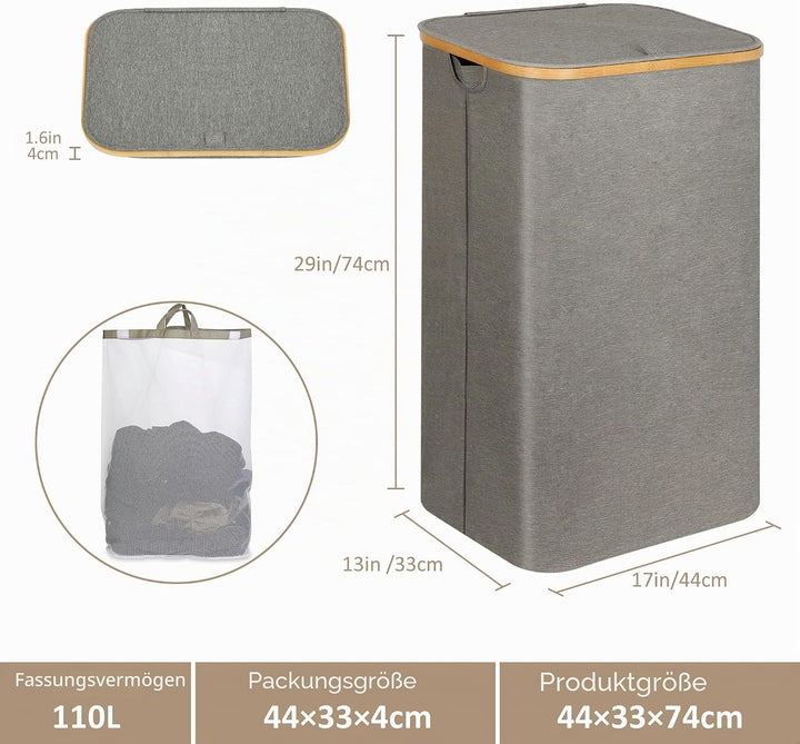 Wäschekorb mit Deckel 110L, XL-Extra grosser Wäschesammler mit Herausnehmbarer und Waschbarer Innent