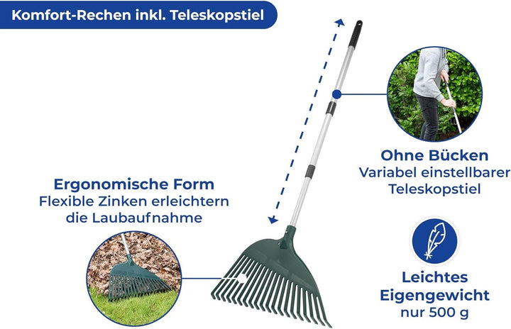 Maximex Flexibler Rechen inkl. Teleskopstiel - Heugabel mit unterschiedlich elastischen Zinken, Poly