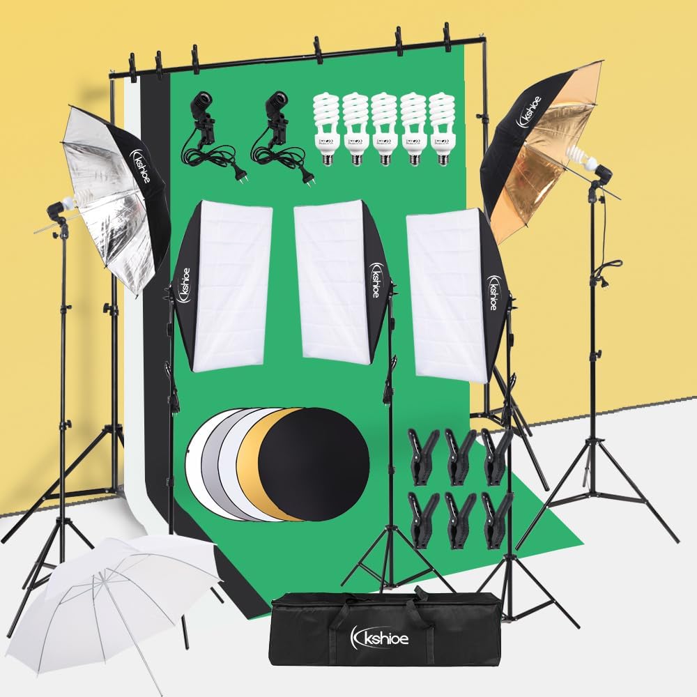 Bonnlo KS01 Fotostudio Set mit Softbox, Regenschirmen und Fotoleinwand Hintergrund – 5-in-1 Reflekto