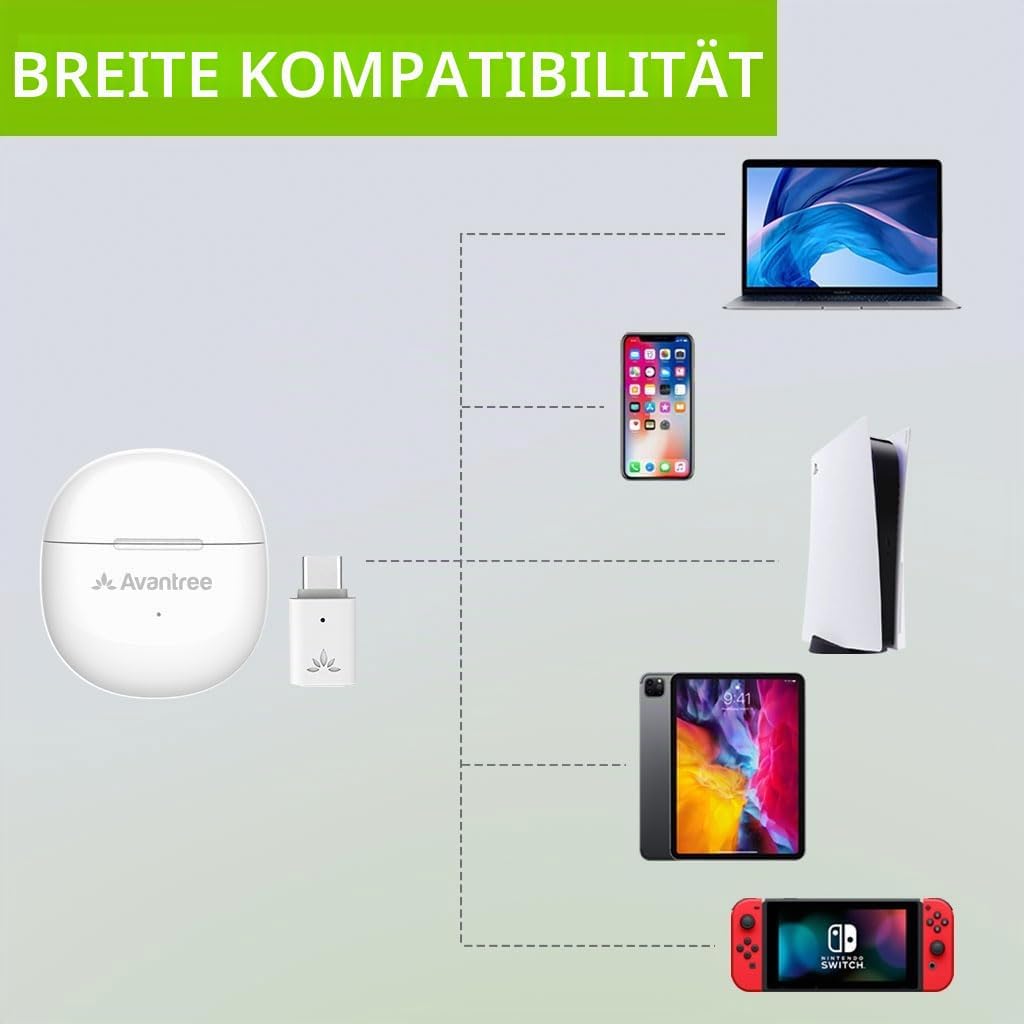Avantree Reverb - Kabellose Kopfhörer für PC, PS5, PS4 mit USB-C Bluetooth Dongle und USB-Adapter, K