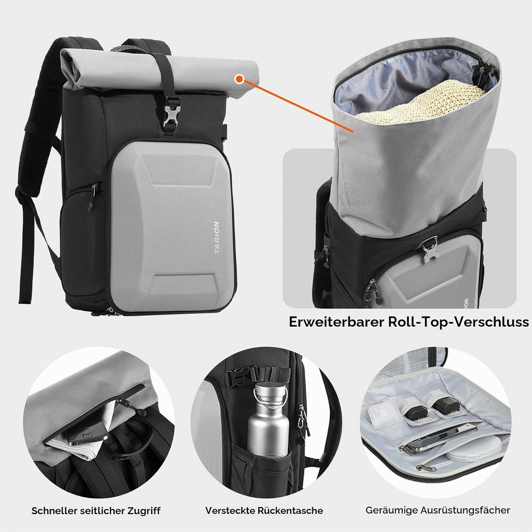 TARION Kamerarucksack Rolltop Fotorucksack mit Hartschale: Professionelle Kameratasche Spiegelreflex