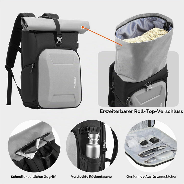 TARION Kamerarucksack Rolltop Fotorucksack mit Hartschale: Professionelle Kameratasche Spiegelreflex
