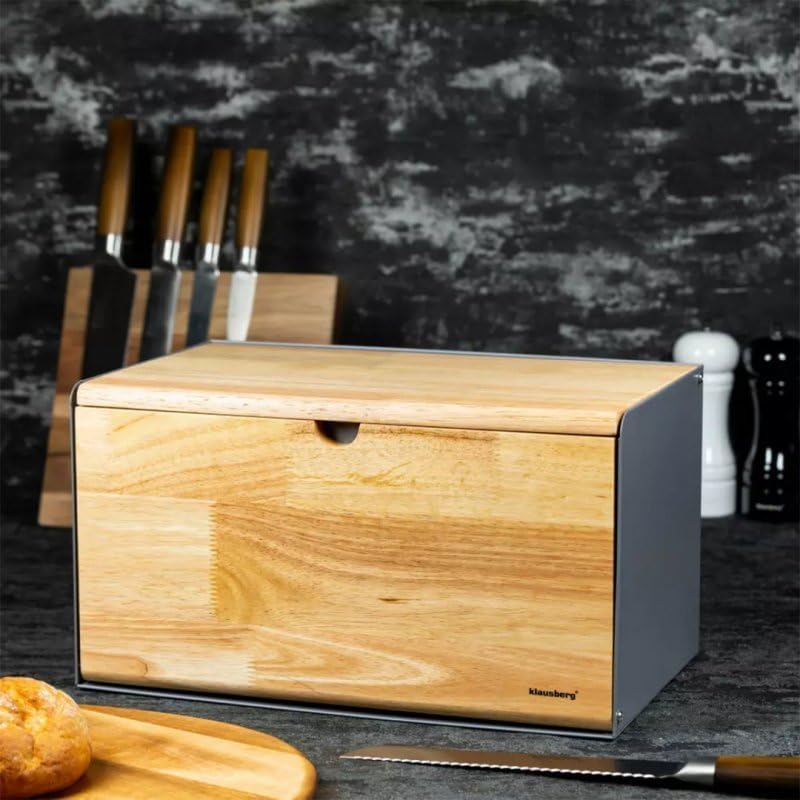 Klausberg Brotkasten Brotbox aus Metall/Holz 35,5 x 21,5 x 19,5 cm Grau, Grau