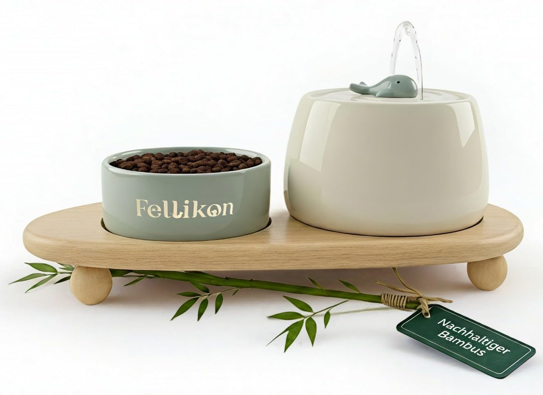 Katzenbrunnen Keramik Set mit Futternapf & 3-Fach Wasserfiltersystem – 1,3L Wasserspender mit Modern