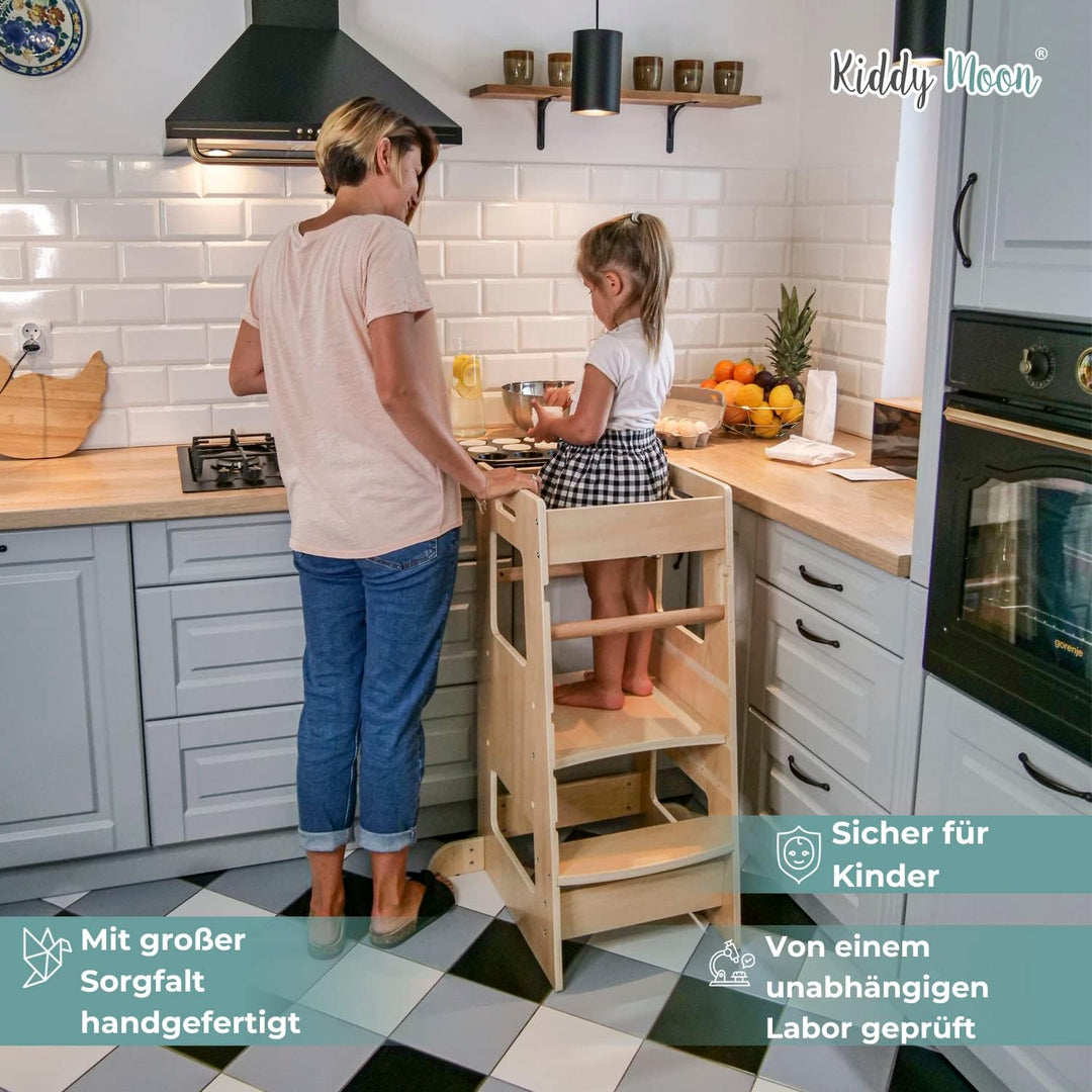 KiddyMoon Lernturm Für Kinder Ab 1 Jahr, Anti-Kipp-Schutz, 3-Fach Höhenverstellbar, Schutzbügel, Mon