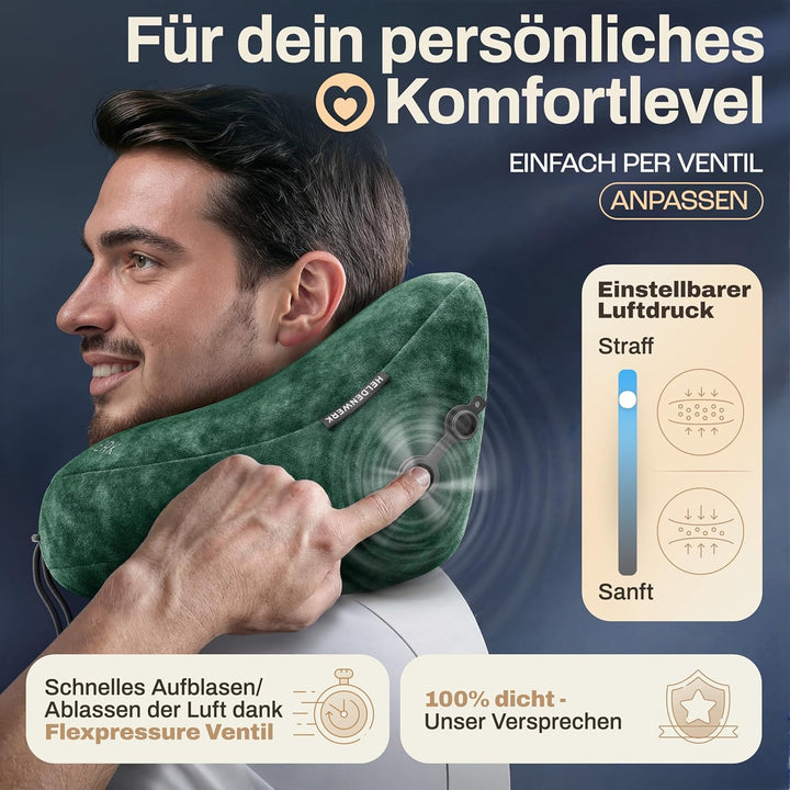 HELDENWERK® Air Nackenkissen Flugzeug Aufblasbar | Reisekissen für 5 Schlafpositionen, schnell aufbl