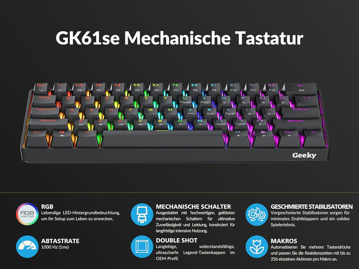 Geeky GK61 SE 60% | Mechanische Gaming-Tastatur | 62 Tasten Multi Color RGB LED Hintergrundbeleuchtu
