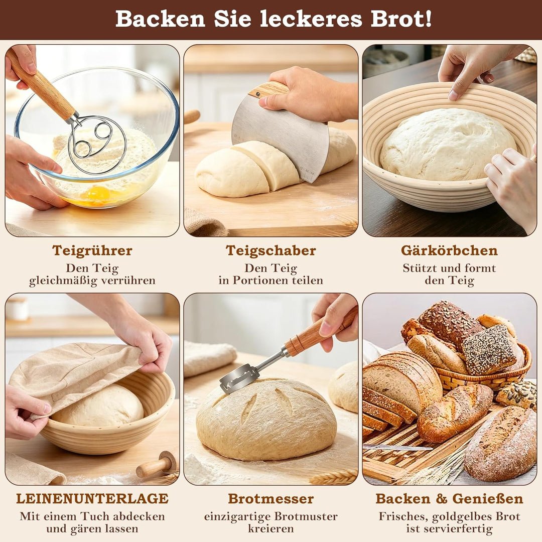 FIVAVA Gärkorb Brot Set, Gärkörbchen Rund 23cm,Brot Backen Zubehör Hochwertiges Rattan Mit Leinenbez