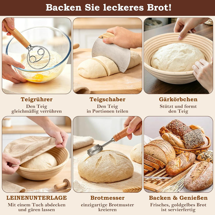 FIVAVA Gärkorb Brot Set, Gärkörbchen Rund 23cm,Brot Backen Zubehör Hochwertiges Rattan Mit Leinenbez