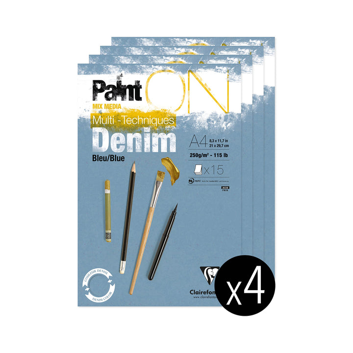 Clairefontaine 975701C - Packung mit 4 Blöcken Paint´ON Denim, DIN A4, kopfseitig geleimt, 15 Blatt,