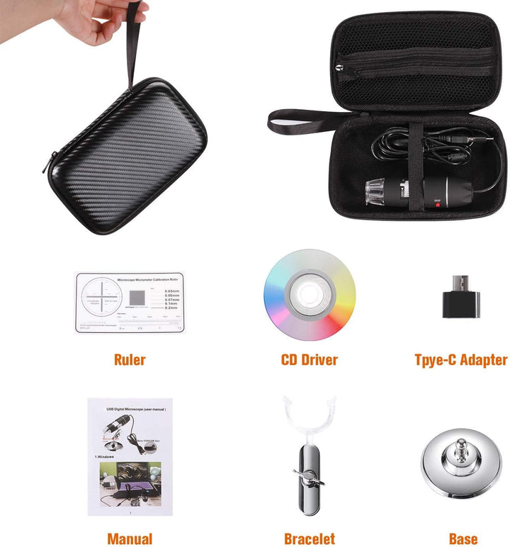 USB-Digitalmikroskop 40X bis 1000X, Bysameyee 8 LED-Vergrösserungs-Endoskopkamera mit Tragetasche un