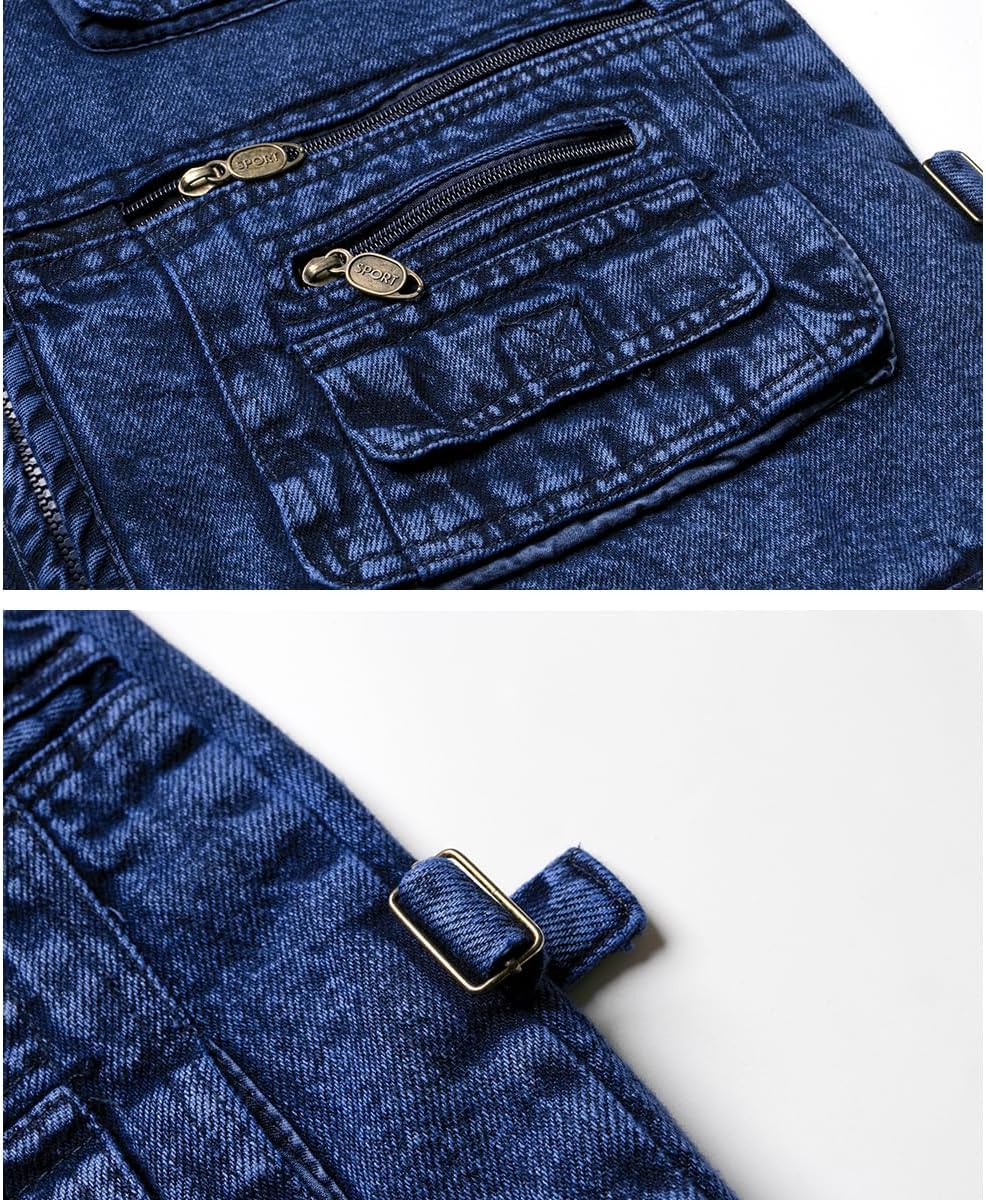 KTWOLEN Herren Denim Westen Casual Biker Jeansweste Multi-Taschened Motorradweste Outdoor Ärmellos A