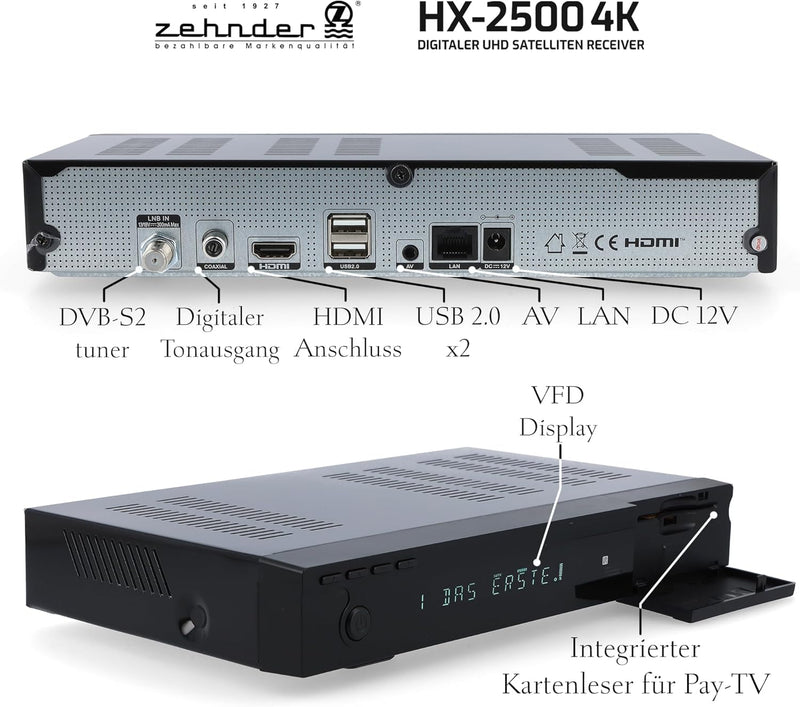 ZEHNDER HX-2500 4K Sat Receiver mit Aufnahmefunktion und HDMI, IPTV Receiver, UHD, Alphanumerisches