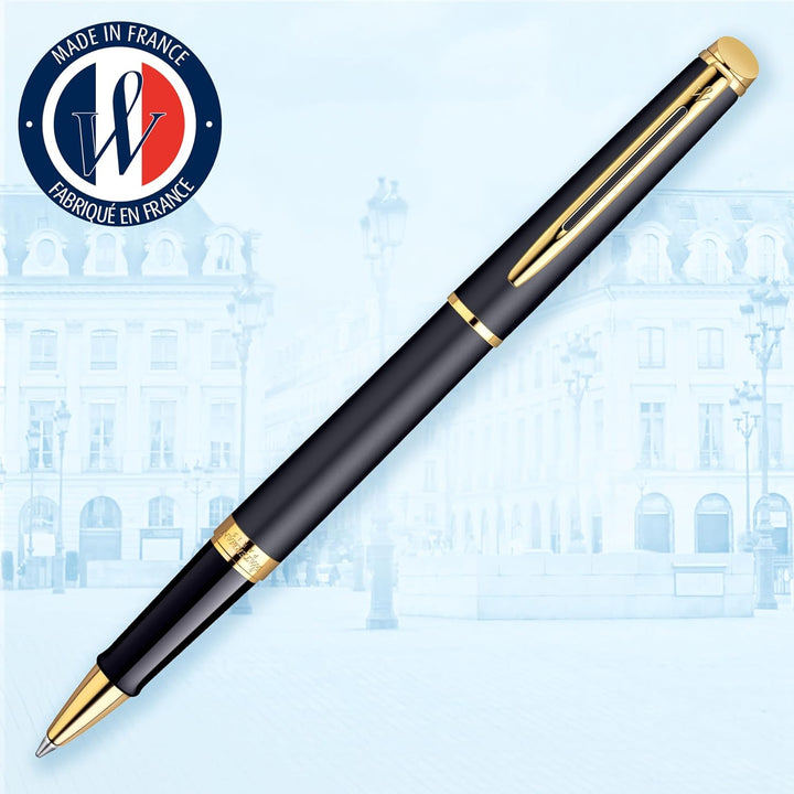 Waterman Hémisphère Tintenroller | Mattschwarz mit Goldzierteile | feine Spitze | Schwarze Tinte | G