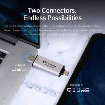 Transcend External SSD 512GB ESD310S USB 2) Silver 2) 512GB, 2) Silver 2) 512GB