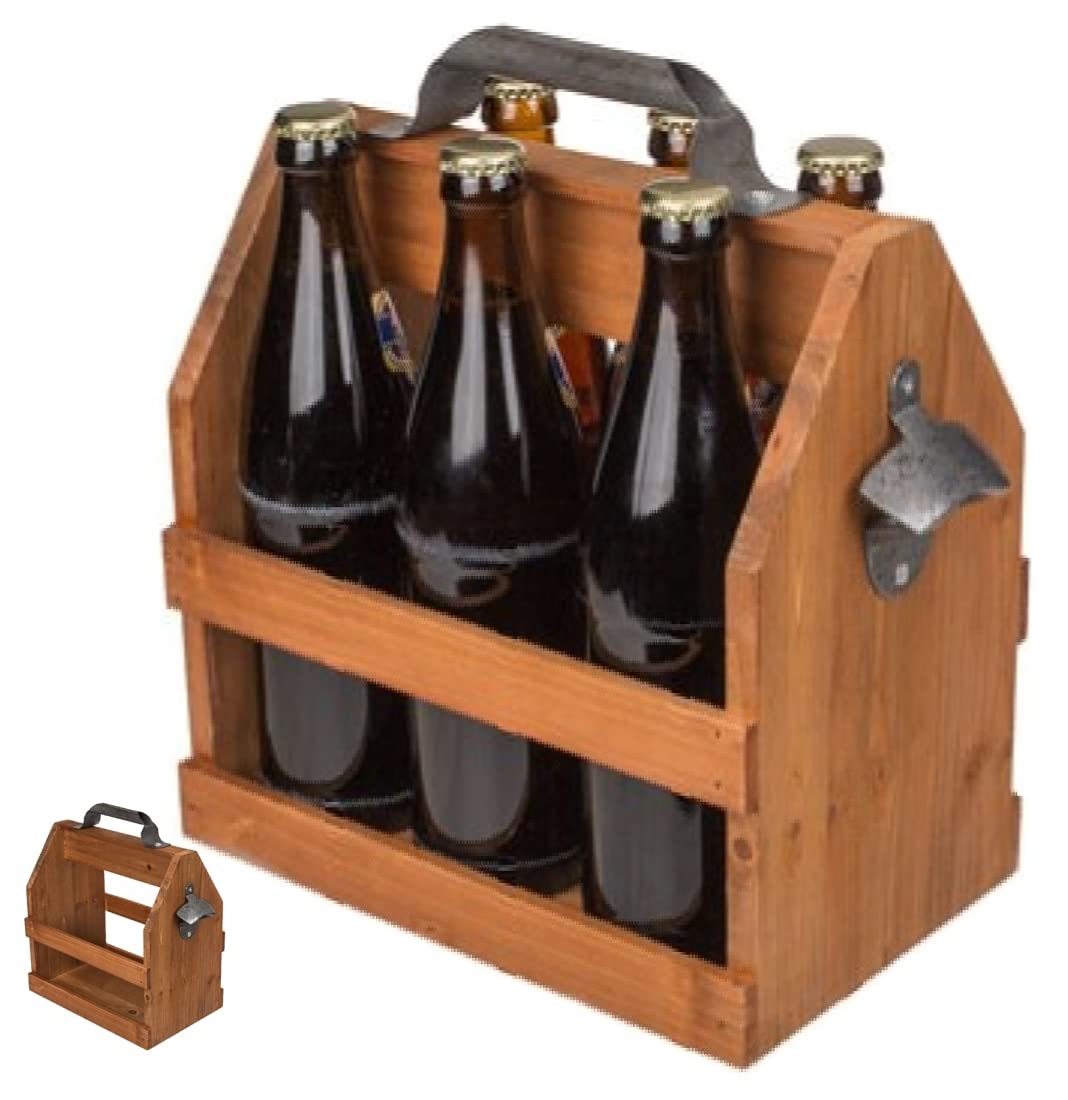 Retro Bierträger für 6 Flaschen 0,5 L Holz mit Metall Flaschenöffner Flaschenhalter Flaschenträger f