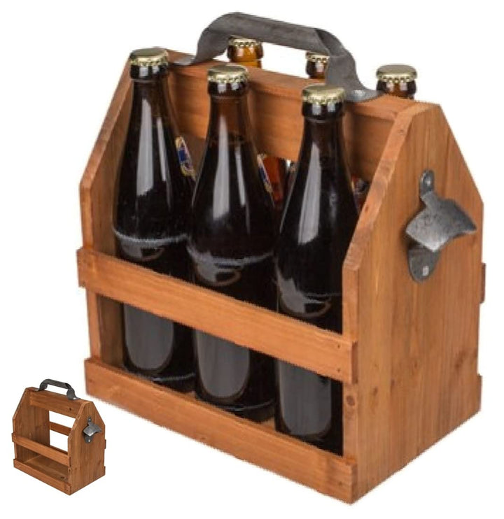 Retro Bierträger für 6 Flaschen 0,5 L Holz mit Metall Flaschenöffner Flaschenhalter Flaschenträger f