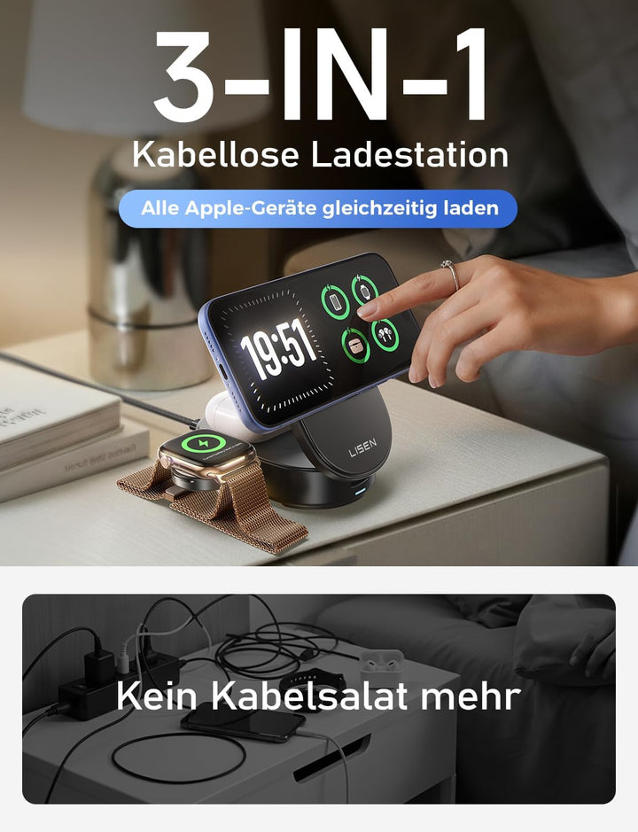 LISEN 25W Qi2.2 MagSafe Ladestation für Apple Watch und iPhone 17 Pro Max, 3-in-1 Magsafe Ladegerät,