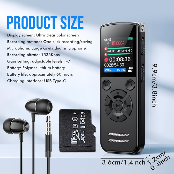 64GB Diktiergerät Digital, 1536 Kbps Digital Voice Recorder, Diktiergerät Aufnahmegerä mit Playback,