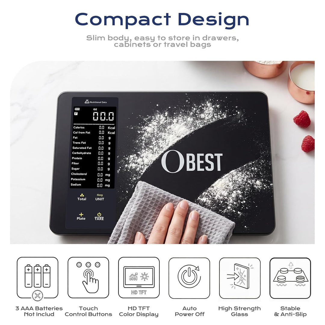 OBEST Digital Bluetooth Küchenwaage mit 30 Nährwertberechnung 10kg/1g | Smart Küchenwaage mit Kalori