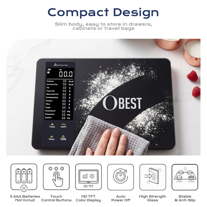 OBEST Digital Bluetooth Küchenwaage mit 30 Nährwertberechnung 10kg/1g | Smart Küchenwaage mit Kalori