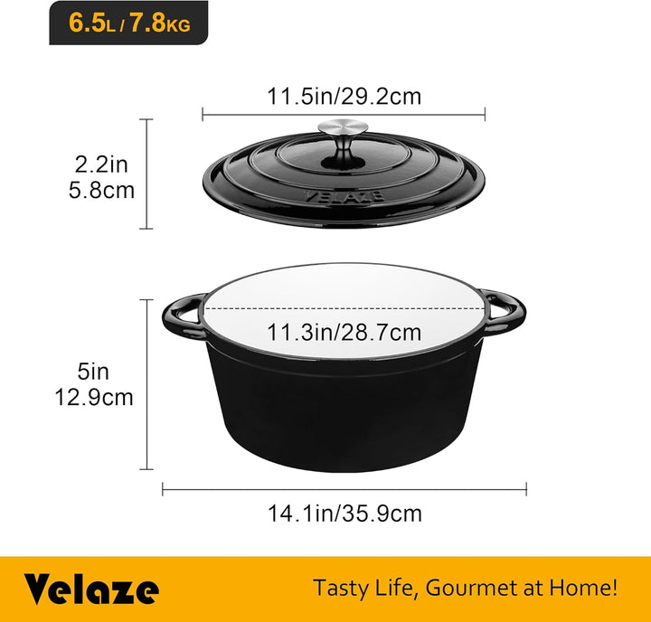 Velaze Gusseisen Topf 29cm, 6.5L Schwarz Gusseisen Bräter mit Deckel, Hochwertiger Emaille Topf Gros