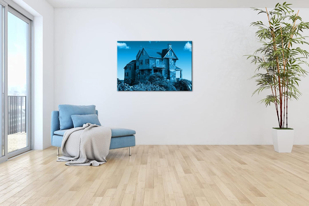 schönes Landhaus in der Natur Format 80x60 Effekt: Monocrome Blau als Leinwandbild, Motiv fertig ger