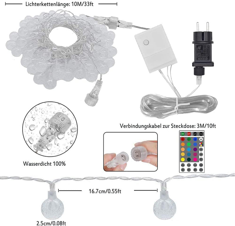 60 LED Lichterkette Aussen Strom, Erweiterbar Bunt Globe Lichterkette Innen, 10M 16 Farben Kristall