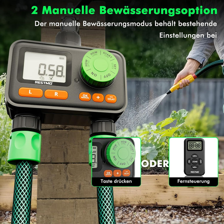 RESTMO RF-Fernbedienbarer Bewässerungscomputer, Wasserzeitschaltuhr für Aussenwasserhahn, automatisc
