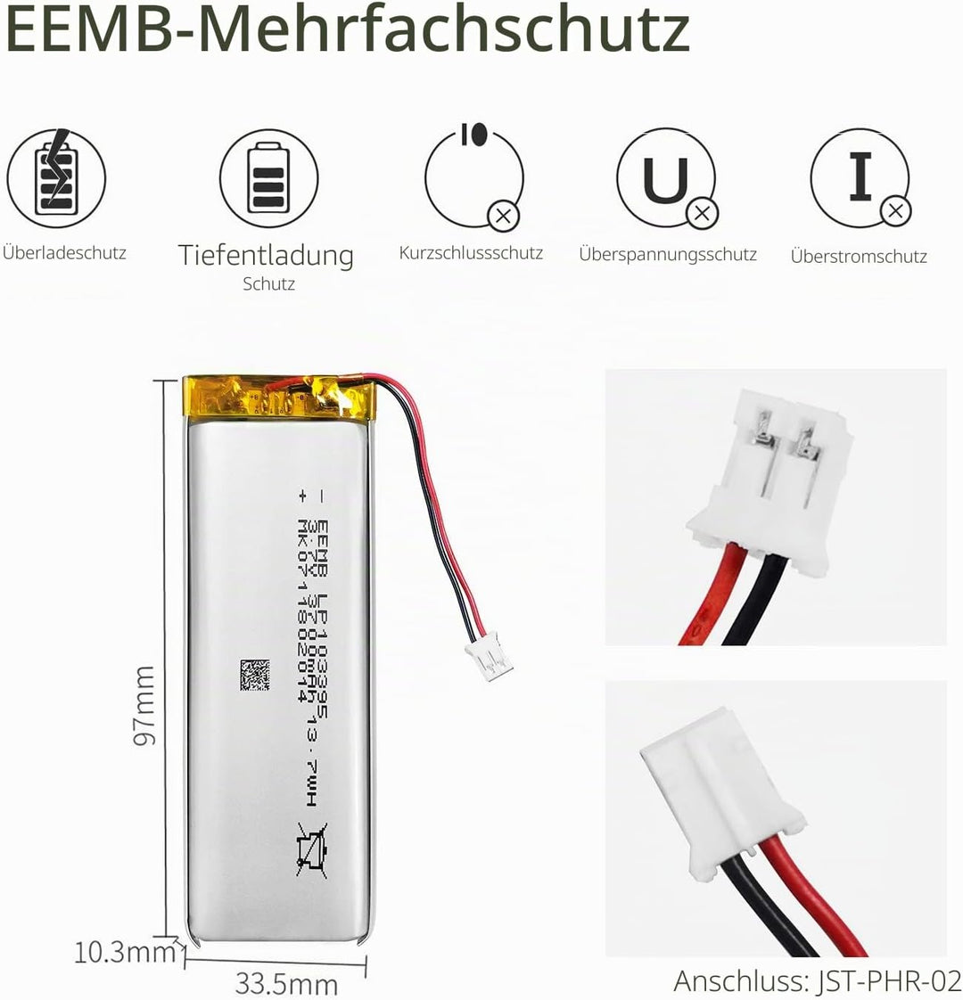 EEMB 3.7V Lipo Batterie Akku 3700mAh 103395 Lithium Polymer Batterien mit JST Stecker, Schutzplatine