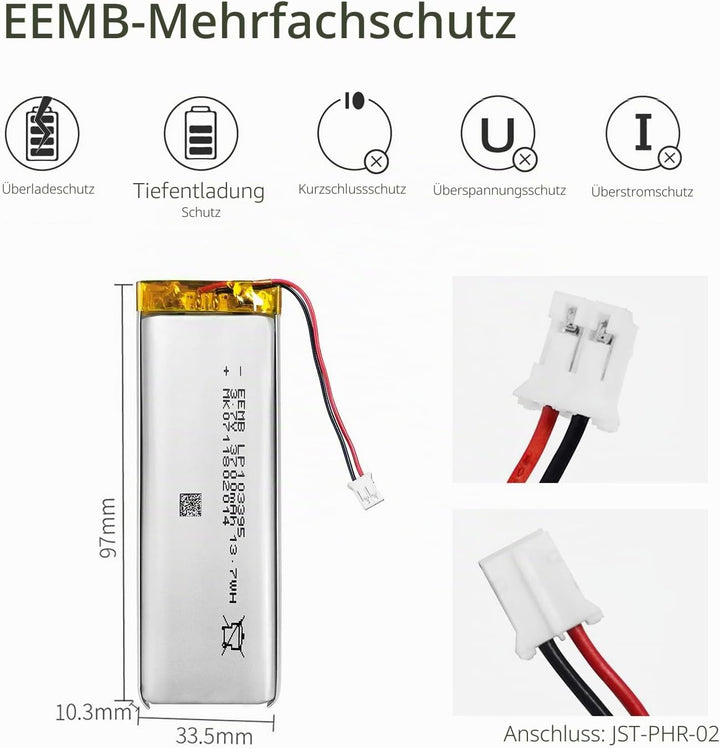 EEMB 3.7V Lipo Batterie Akku 3700mAh 103395 Lithium Polymer Batterien mit JST Stecker, Schutzplatine