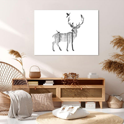 Bilder auf Leinwand 100x70cm Leinwandbild Hirsch Herbst Wald Illustration Gross Wanddeko Bild Schlaf