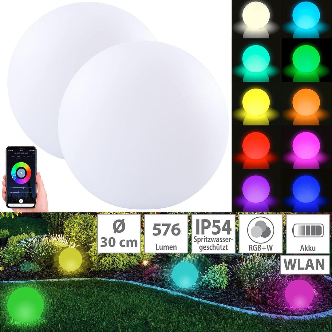 Luminea Home Control WLAN Akku Leuchtkugel: 2er-Set WLAN-Akku-Leuchtkugeln, RGBW-LEDs, App, 576 lm,