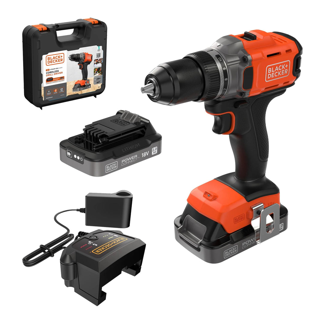 BLACK+DECKER POWERCONNECT 18V Akku-Bohrschrauber mit 2 x 2,0-Ah-Akkus, 1-A-Ladegerät und Kitbox, BCD