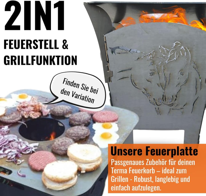Terma Stahldesign Feuerkorb XXL mit Pferde-Motiv – Massive Feuertonne aus Stahl – dekorative Feuerst