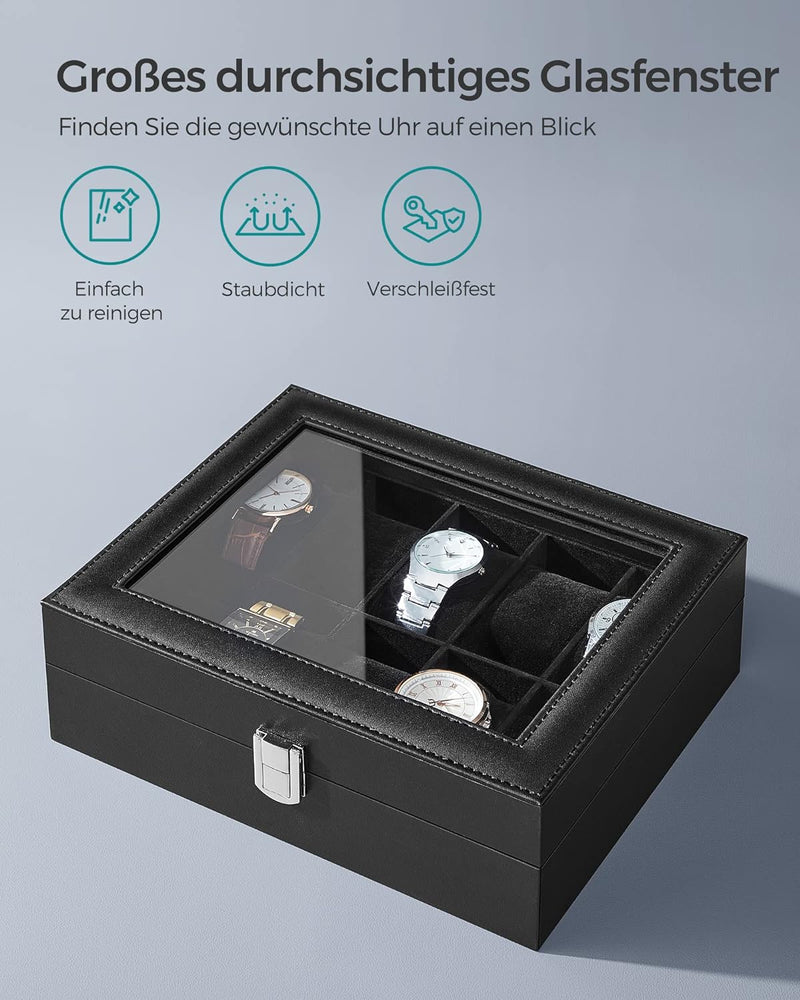 SONGMICS Uhrenbox mit 10 Fächern, Uhrenkasten, Glasdeckel, Uhrenkoffer, herausnehmbare Uhrenkissen,