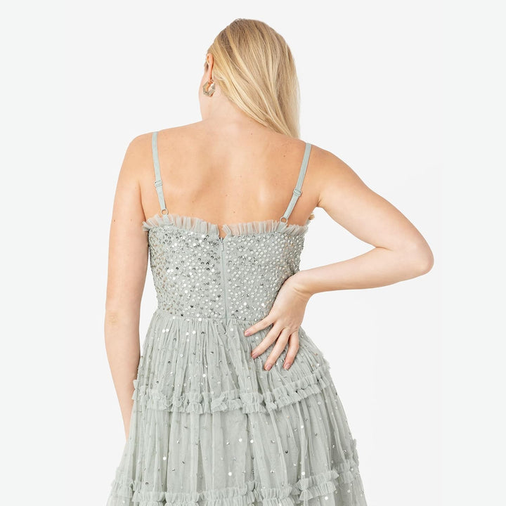 Maya Deluxe Damen Womens Midi Ladies Sequin Embellished Sleeveless Ruffle Dress for Wedding Guest Br