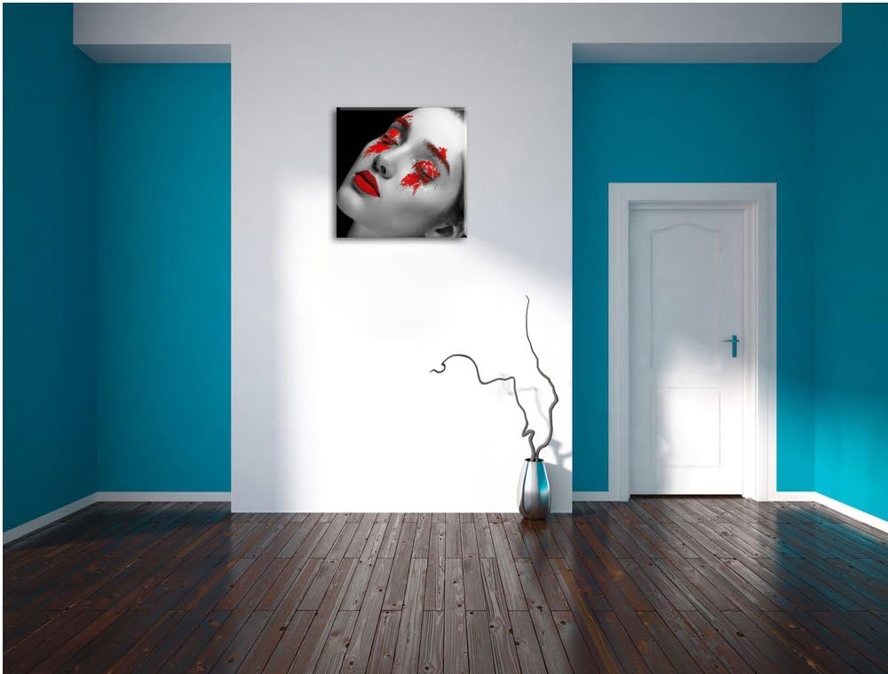 Frau mit roten Pulver auf Lippen und Augen schwarz/weiss, Format: 70x70 auf Leinwand, XXL riesige Bi