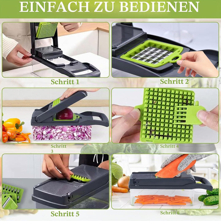 Sweetfela 18-in-1 Gemüseschneider, Multifunktion, Zerkleinerer mit 7 Klingen, Fäustlinge, Reinigungs