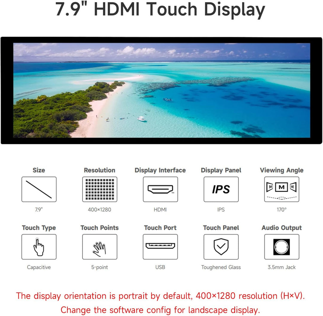 LUCKFOX 7.9-inch HDMI Touchscreen LCD Display, Waveshare 400(H) x 1280(V) Pixels IPS Screen, 60Hz Co
