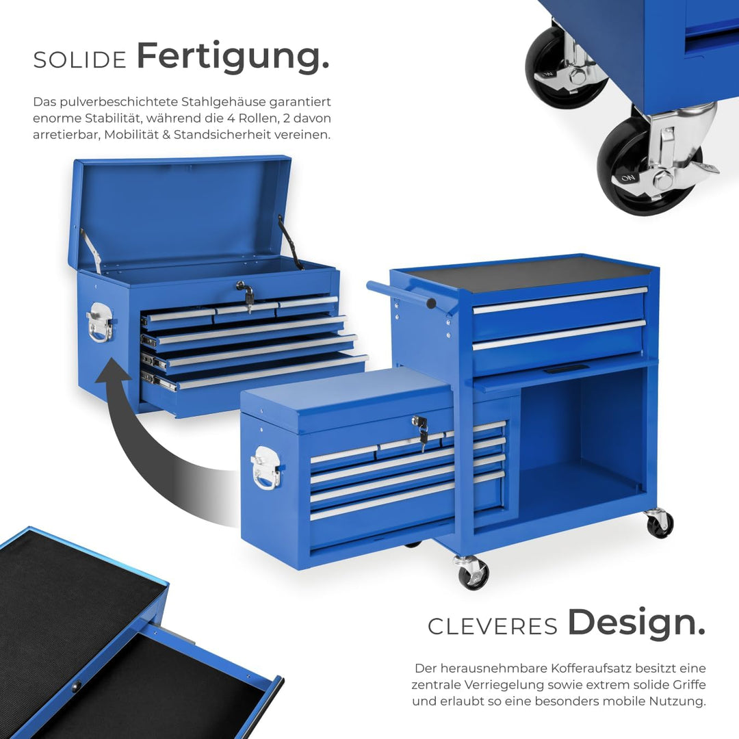 tectake Werkstattwagen Trolley mit Kofferaufsatz, Werkzeug Wagen abschliessbar, 10 Fächer, Mobile We