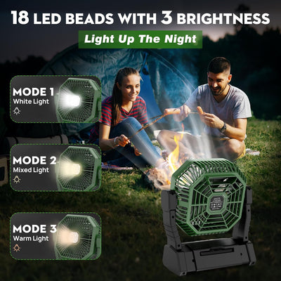 Camping Ventilator mit LED-Licht, Wiederaufladbarer Camping Fan mit Haken & Fernbedienung, 4 Geschwi