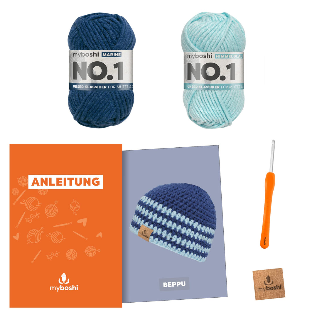 myboshi Häkelset Kindermütze Beppu, inkl. No.1 Wolle, Nadel und Anleitung, original Label, Häkelpake