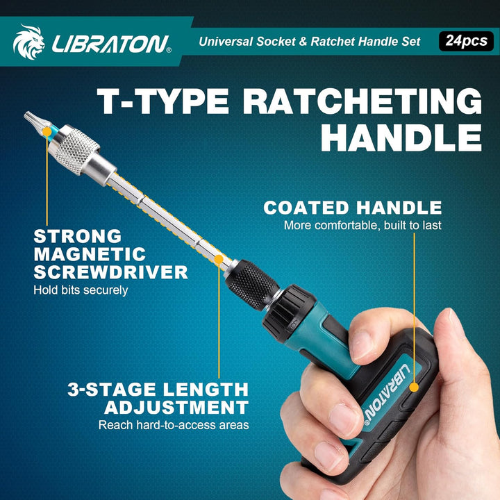 LIBRATON 24-tlg. 1/4" Drive T-Griff Ratsche & Universalschlüssel, Bitsatz, Steckschlüssel adapter Ad